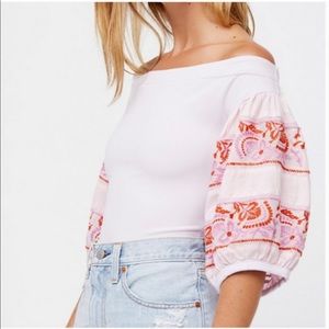 Free People $88 “Rock With it” Embroidered Puff Sleeve Off-the-Shoulder Boho Top